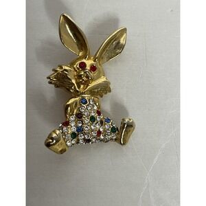 Vintage Bunny Rhinestone Pin Brooch Multi Color Easter Bunny